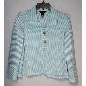 Ali Miles Crinkle Blue/White Stripe Y Neckline Cuffed 3/4 Sleeve Top Petite XS